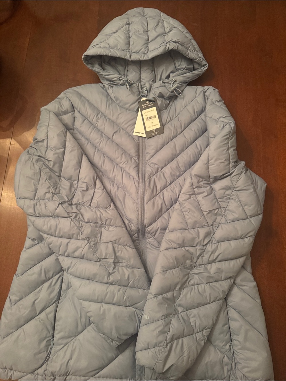 Lands' End Light Weight Blue Hooded Chevron Quilted Puffer Jacket